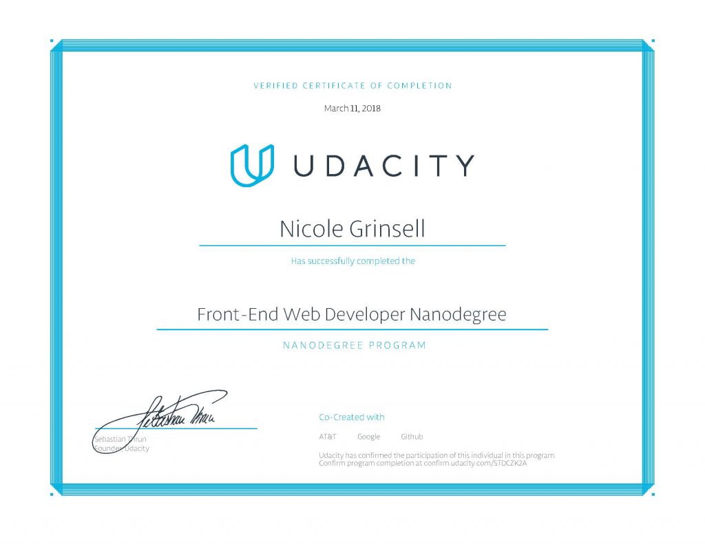 Nicole Grinsell's Nanodegree Certification